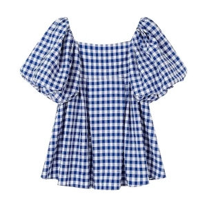 PS47005# 新款夏季法式小个子高级感小众设计露肩蓝色格子连衣裙子女