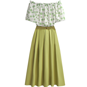 PS31493# 清新可爱夏季新款洋气绿色一字领碎花短袖半身裙气质显瘦两件套 服装批发女装直播货源