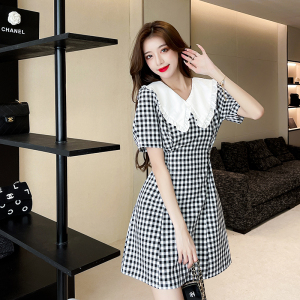 RM11452#格子连衣裙女娃娃领夏季韩版短袖裙子收腰显瘦温柔风短裙
