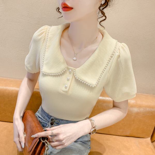 RM5192#夏季新款韩版青春甜美气质百搭泡泡袖娃娃领修身显瘦短袖上衣