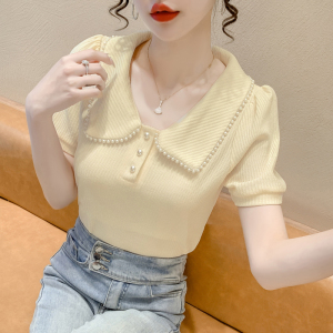 RM5192#夏季新款韩版青春甜美气质百搭泡泡袖娃娃领修身显瘦短袖上衣