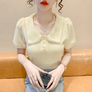 RM5192#夏季新款韩版青春甜美气质百搭泡泡袖娃娃领修身显瘦短袖上衣