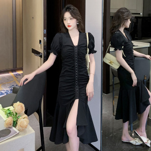 RM14952#鱼尾裙2023新款夏季初恋法式桔梗长裙设计感小众黑色连衣裙纯欲