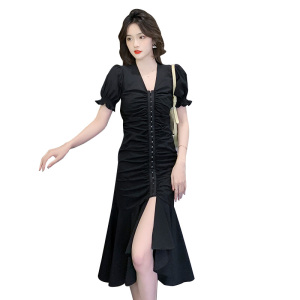 RM14952#鱼尾裙2023新款夏季初恋法式桔梗长裙设计感小众黑色连衣裙纯欲