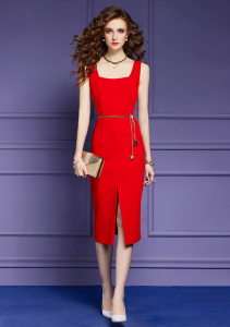 PS30355# 红色吊带背心连衣裙女夏季新款法式高级气质修身开叉一步裙 服装批发女装直播货源