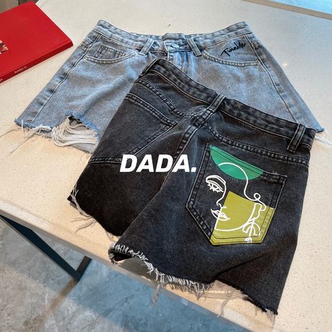 Denim shorts women's summer new high waist contrast color abstract personalized pocket printed portrait embroidered A-line pants