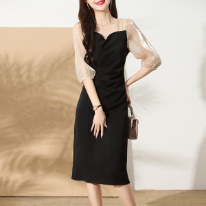 KM20857#赫本夏季女装2022新款黑色气质修身长裙性感收腰显瘦中长款连衣裙