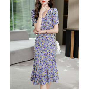 RM7665#法式紫色碎花中长款雪纺连衣裙2023夏季新款女装V领性感超仙裙子