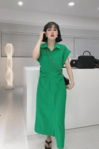 PS31505# 韩系时尚女装夏季新款单排扣纯色连衣裙 服装批发女装直播货源