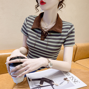 PS34757# 设计感撞色Polo领条纹T恤女夏季复古绑带系带上衣