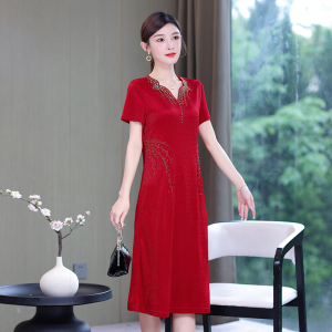 RM3298#夏季新款女红色醋酸喜婆婆敬酒婚宴宴会妈妈礼服连衣裙短袖