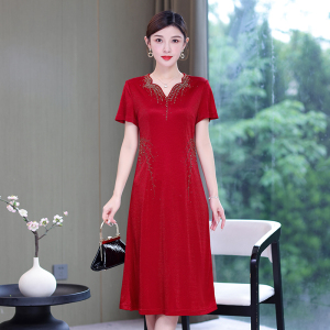 RM3298#夏季新款女红色醋酸喜婆婆敬酒婚宴宴会妈妈礼服连衣裙短袖