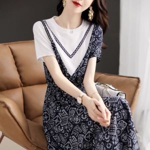 RM5680#春夏季新款连衣裙短袖高档洋气韩版拼接收腰遮肚气质