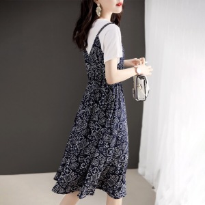 RM1502#春夏季新款连衣裙短袖高档洋气韩版拼接收腰遮肚气质