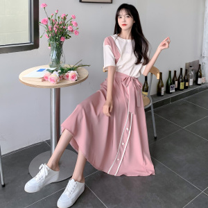 KM18516#夏季新款粉色法式小众设计感连衣裙女收腰显瘦气质a字桔梗裙