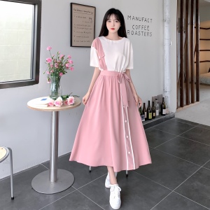 KM18516#夏季新款粉色法式小众设计感连衣裙女收腰显瘦气质a字桔梗裙