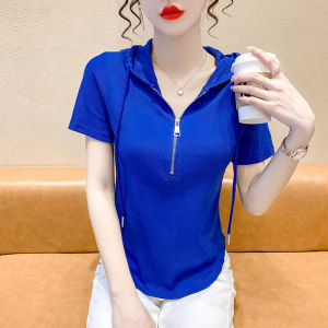 CP1003#长期特价款！罗纹面料#克莱因蓝连帽短袖t恤女夏季设计感小众拉链修身气质上衣