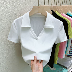 CP1002#长期特价款！罗纹面料#polo衫V领短袖T恤女夏季设计感修身气质显瘦翻领上衣
