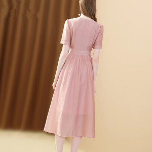PS54129# 粉色V领纯色连衣裙女夏季新款淑女范修身显瘦中长气质裙 服装批发女装直播货源