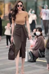 PS54683# 韩版休闲时尚一字领短袖气质上衣女夏季开叉绑带半身裙套装潮