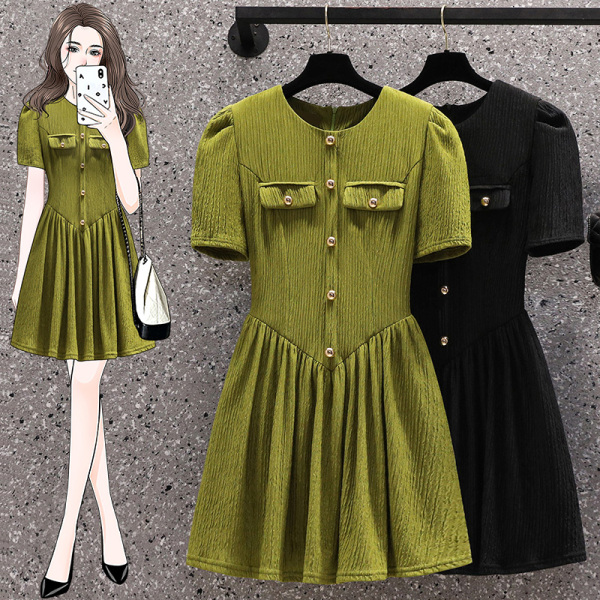 KM19716#大码女装2022法式小众设计感短袖绿色连衣裙收腰显瘦裙女