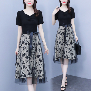 RM6961#新款气质收腰黑色短袖拼接假两件网纱连衣裙女夏季