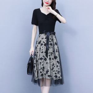 RM6961#新款气质收腰黑色短袖拼接假两件网纱连衣裙女夏季
