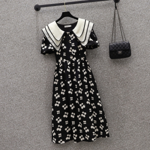 PS33197# 娃娃领印花连衣裙夏季韩版法式高腰泡泡袖气质显瘦连衣裙 服装批发女装直播货源