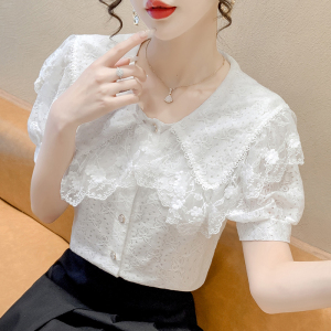 KM24157#夏装新款娃娃领衬衫潮蕾丝小衫气质仙女短袖上衣