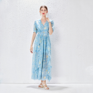PS28020# 法式复古女装梵高的星空印花V领水钻纽扣短袖夏季连衣裙
