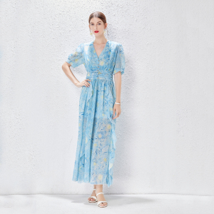 PS28020# 法式复古女装梵高的星空印花V领水钻纽扣短袖夏季连衣裙