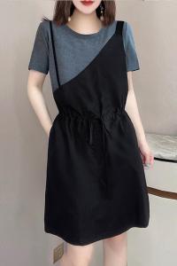 KM18811#时尚撞色拼接短袖假两件设计收腰减龄连衣裙女欧洲站2022夏季新款