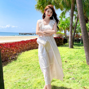 KM23434#白色无袖V领蕾丝连衣裙夏收腰显瘦法式设计感小众仙女长裙