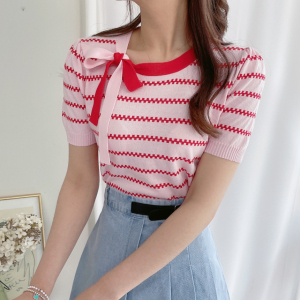 PS28203# 韩国夏法式浪漫蝴蝶结圆领波浪纹短袖薄款冰丝针织衫
