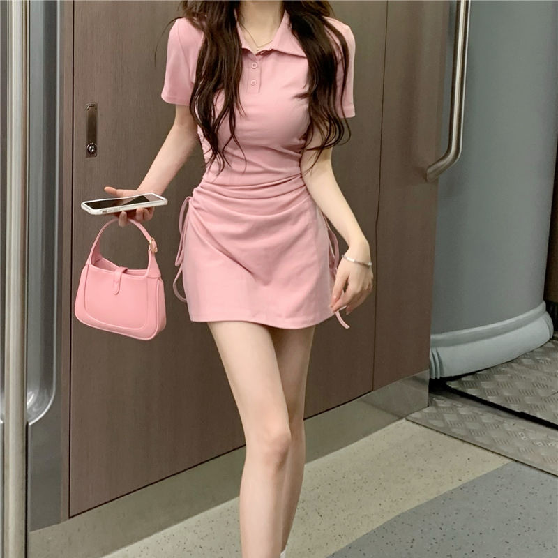 Pure erotic polo collar dress women's summer Korean 2022 new slim short sleeved skirt