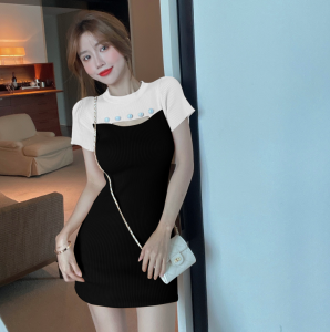 Color blocked hollow short sleeve knitted slim fitting dress