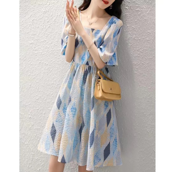 RM5676#新款时尚简约显高显瘦裙子休闲气质减龄夏季印花短袖连衣裙女