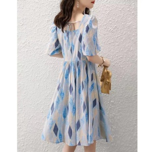 RM5676#新款时尚简约显高显瘦裙子休闲气质减龄夏季印花短袖连衣裙女