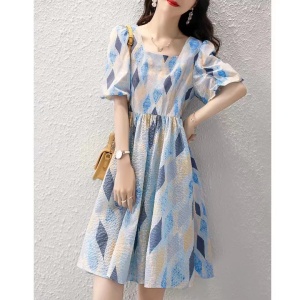 RM5676#新款时尚简约显高显瘦裙子休闲气质减龄夏季印花短袖连衣裙女