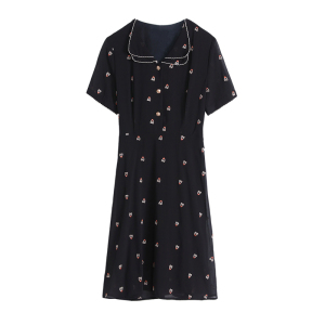 RM14969#雪纺碎花连衣裙女夏季新款女装中长款短袖时尚气质黑色裙子