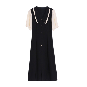 RM3502#法式时尚气质娃娃领连衣裙女士新款夏收腰显瘦修身时髦温柔风