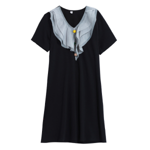 RM8429#大码女装2023夏季新款欧洲站时尚气质荷叶边领短袖显瘦连衣裙