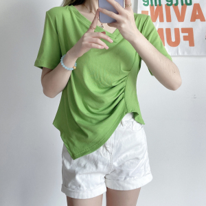 PS27550# 韩版不规则领口T恤女夏季新款紧身开叉上衣纯棉 服装批发女装直播货源