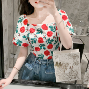 PS30441# 韩版夏季复古红玫瑰花朵方领泡泡袖短袖上衣 服装批发女装直播货源