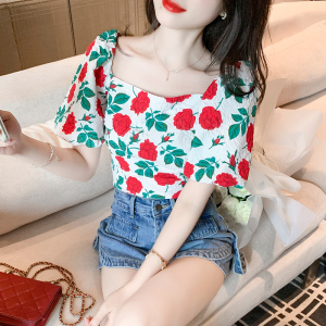 PS30441# 韩版夏季复古红玫瑰花朵方领泡泡袖短袖上衣 服装批发女装直播货源
