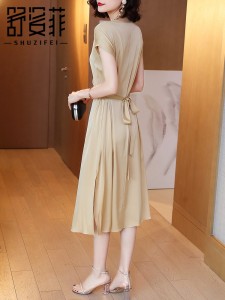 RM19960#纯色真丝连衣裙夏季2023年新款女高端时尚系带收腰中长款大摆裙子