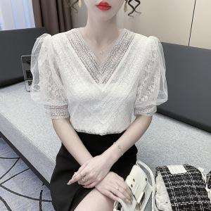 PS36275# 夏季新款V领泡泡袖白色蕾丝衫上衣重工仙女打底衫衬衫 服装批发女装直播货源