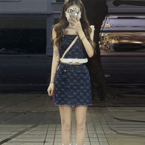 PS54258# 牛仔马甲套装女夏季新款韩版吊带背心+半身裙长短款两件套 服装批发夏装货源