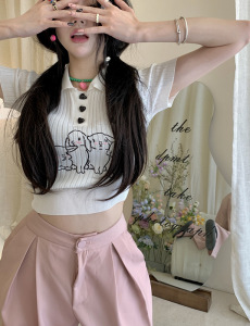 CX9198# 最便宜服装批发兔子刺绣polo衫短袖T恤女夏季甜辣妹修身短款针织上衣潮