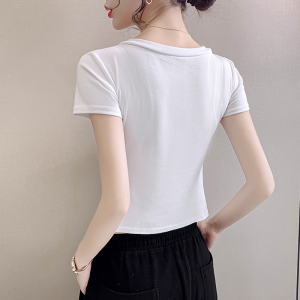 PS34759# 夏新款V领T恤女打底衫修身韩版纽扣上衣